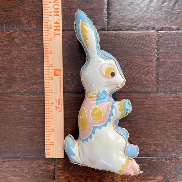 Vintage Oil Cloth Bunny Rabbit MCM Vinyl Carnival Prize Stuffed Toy 1950s Pastel - Picture 2 of 12